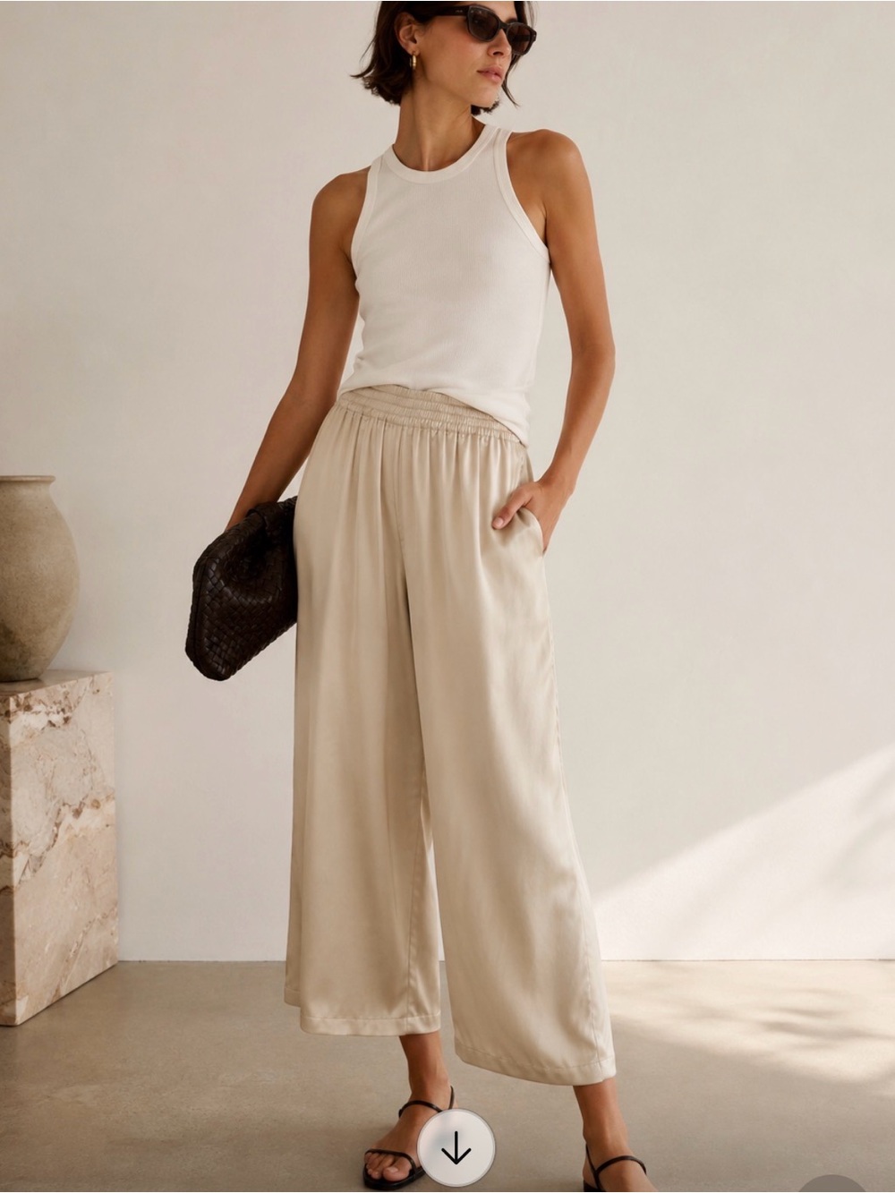 LMND 100% Silk Wide Leg Cropped Pants | Champagne Beige Size S